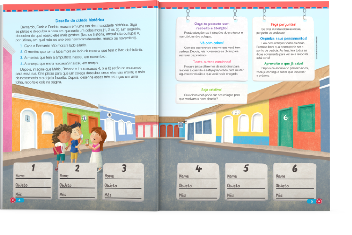Páginas internas do livro Buriti com jogos de apresentação que trabalham competências socioemocionais